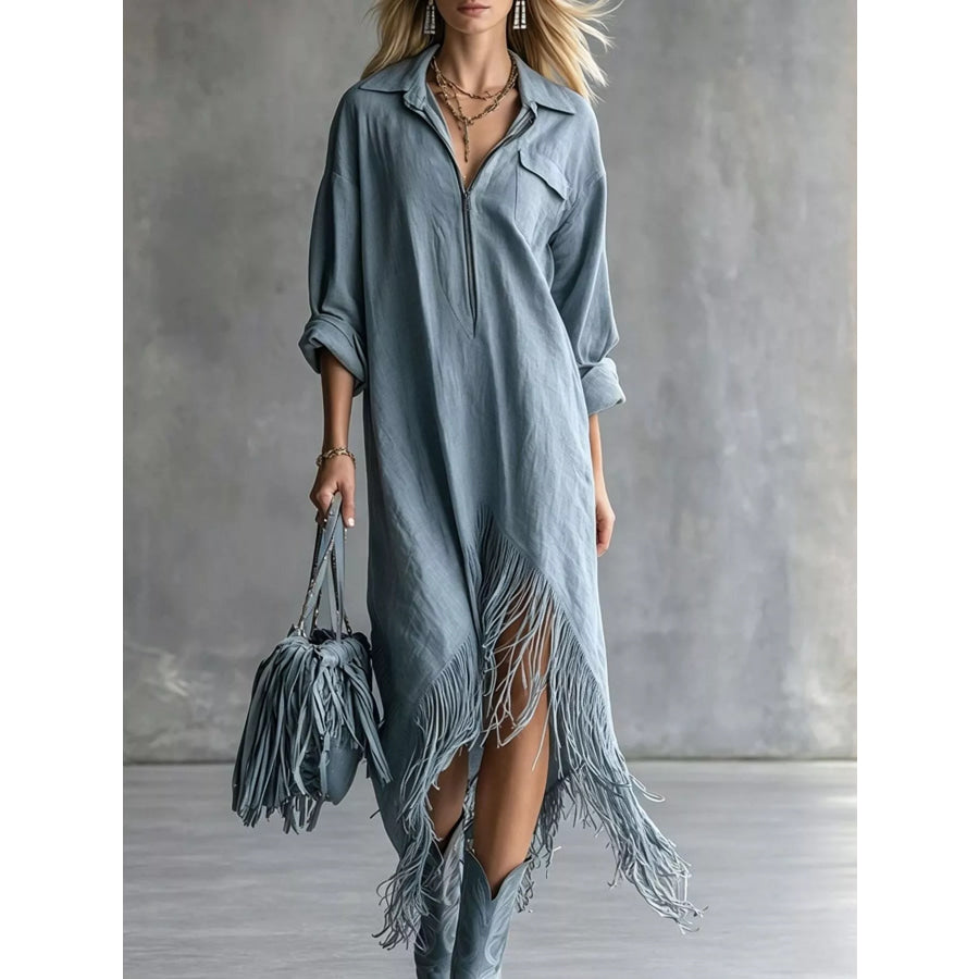 Fringe Hem Zip-Up Shirt Dress Navy / S Apparel and Accessories