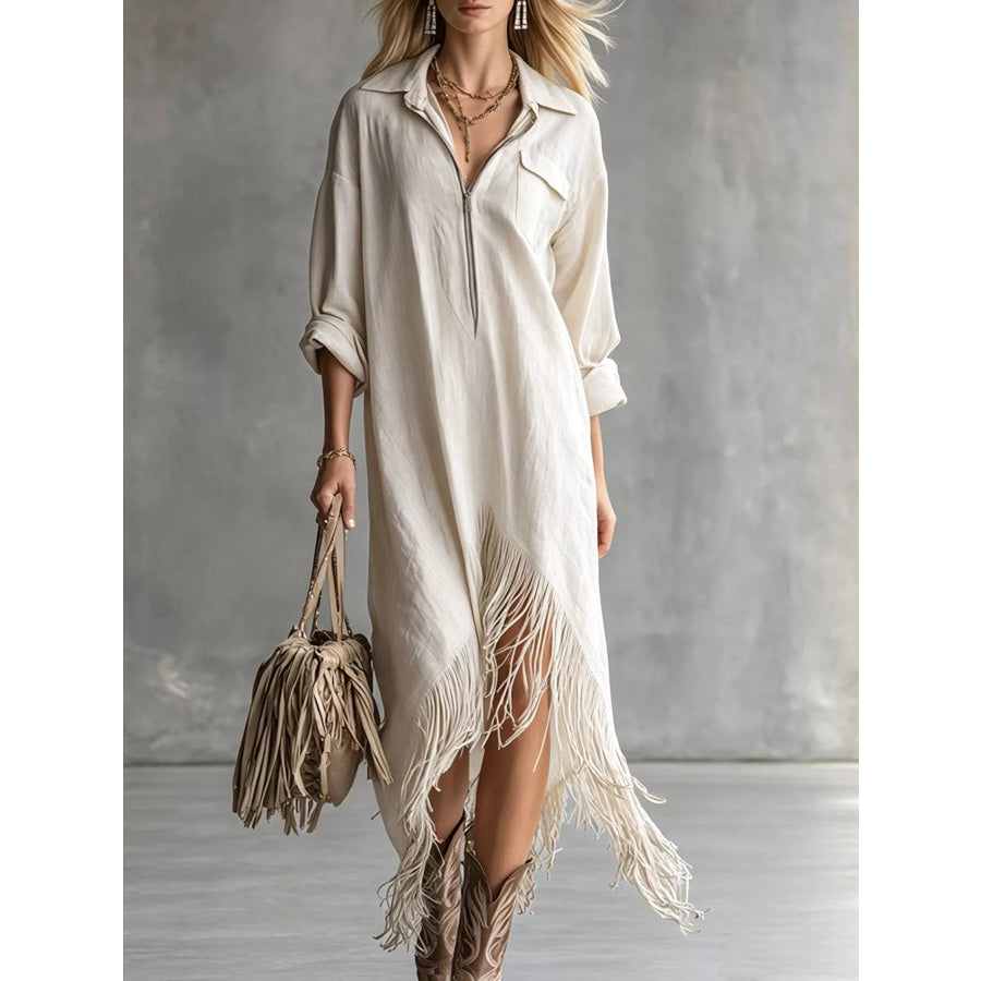 Fringe Hem Zip-Up Shirt Dress White / S Apparel and Accessories