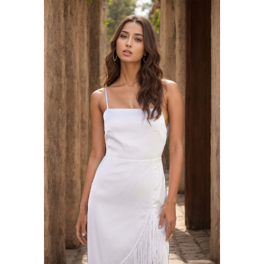 Fringe High - Low Square Neck Cami Dress White / S Apparel and Accessories