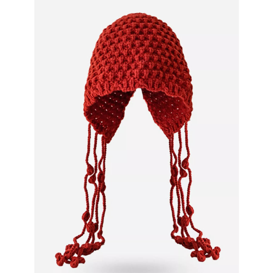 Fringe Knitted Beanie Hat Deep Red / One Size Apparel and Accessories