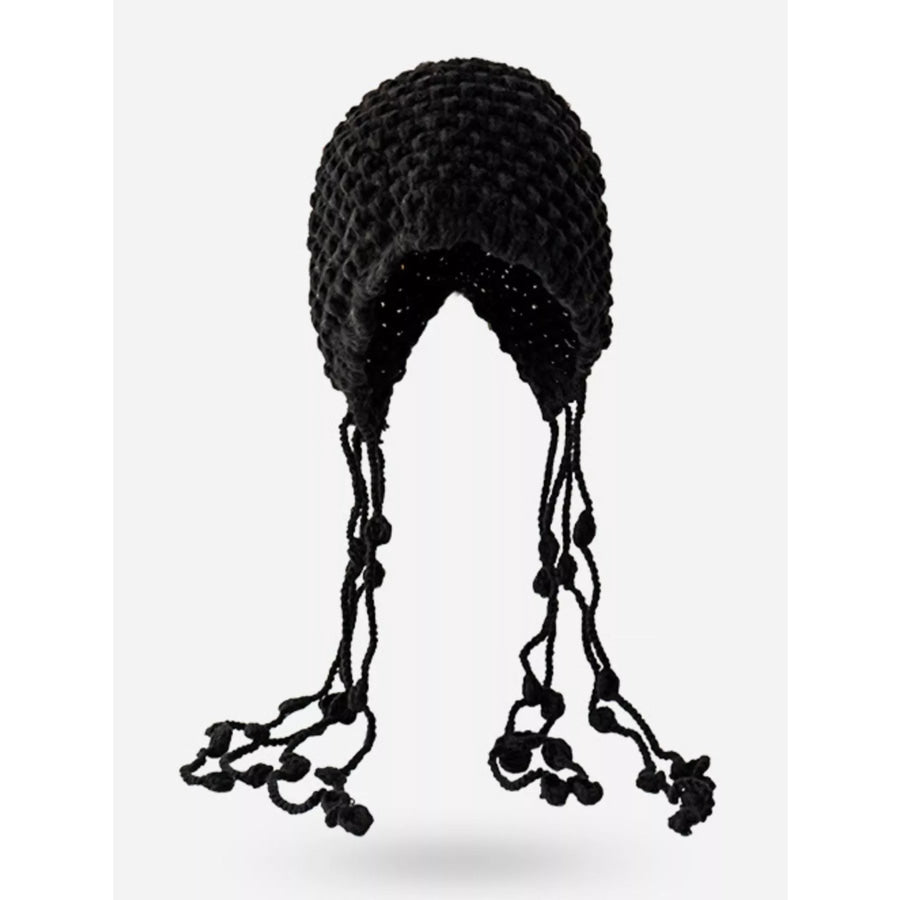 Fringe Knitted Beanie Hat Black / One Size Apparel and Accessories
