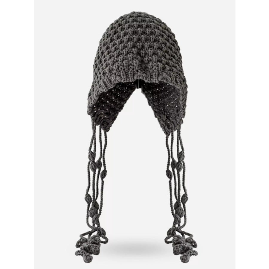 Fringe Knitted Beanie Hat Dark Gray / One Size Apparel and Accessories