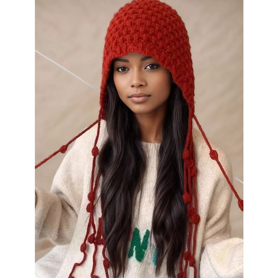 Fringe Knitted Beanie Hat Deep Red / One Size Apparel and Accessories