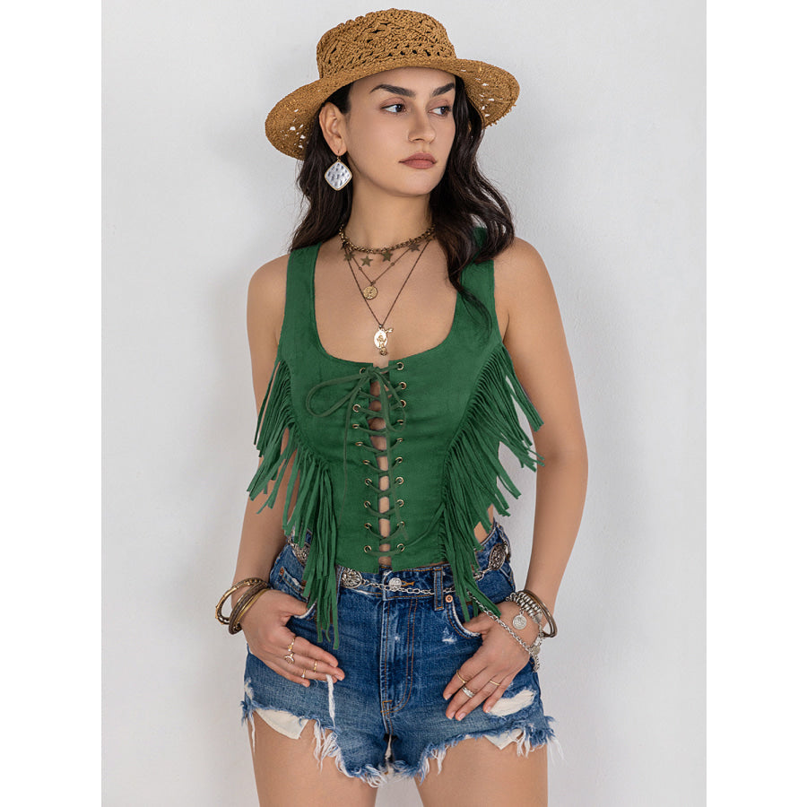 Fringe Lace-Up Wide Strap Tank Apparel and Accessories