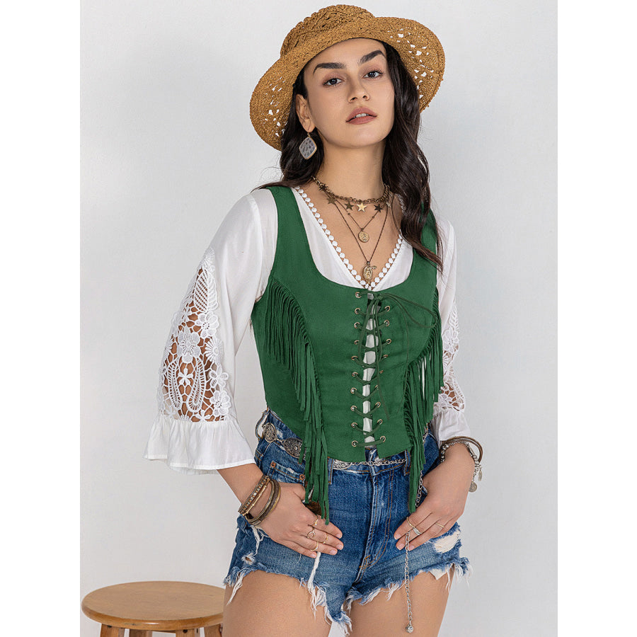 Fringe Lace-Up Wide Strap Tank Apparel and Accessories