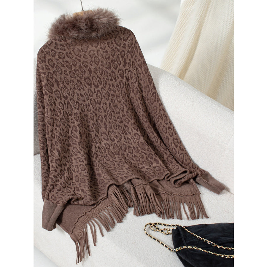 Fringe Leopard Open Front Long Sleeve Poncho Apparel and Accessories