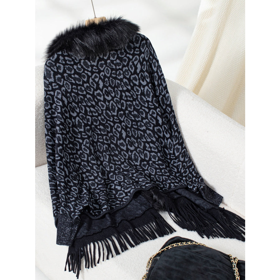 Fringe Leopard Open Front Long Sleeve Poncho Apparel and Accessories