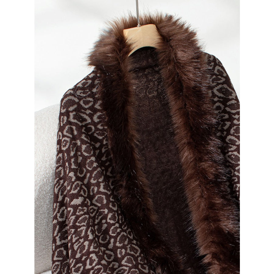 Fringe Leopard Open Front Long Sleeve Poncho Apparel and Accessories