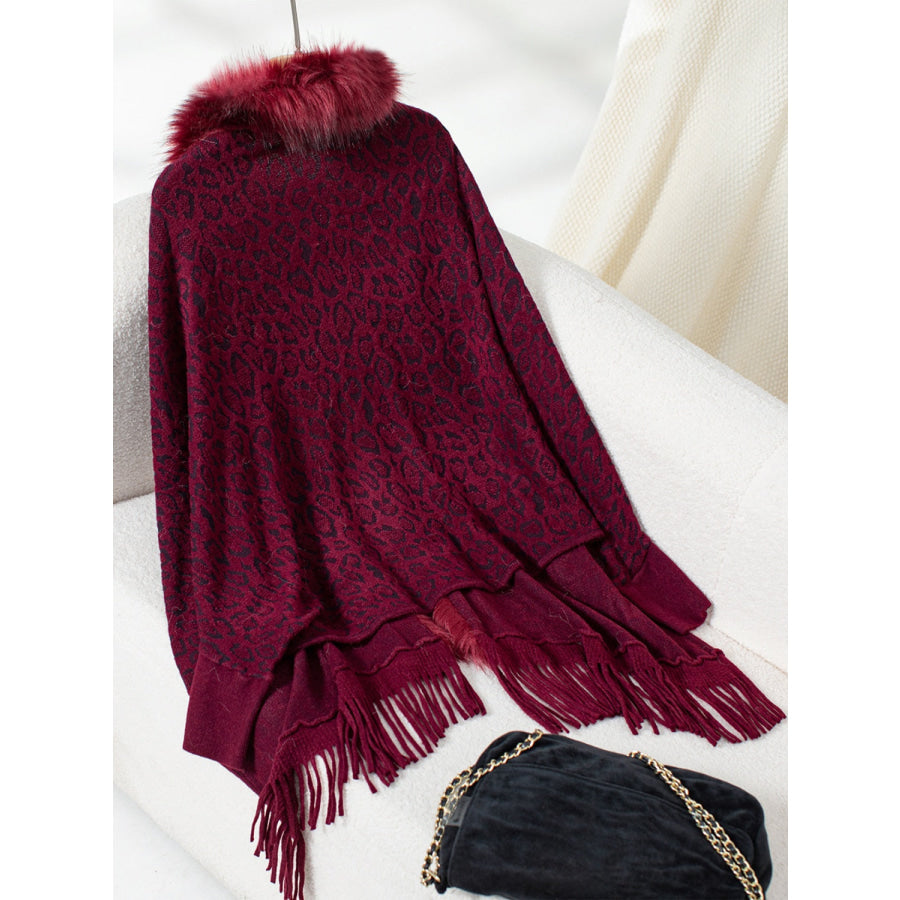 Fringe Leopard Open Front Long Sleeve Poncho Apparel and Accessories