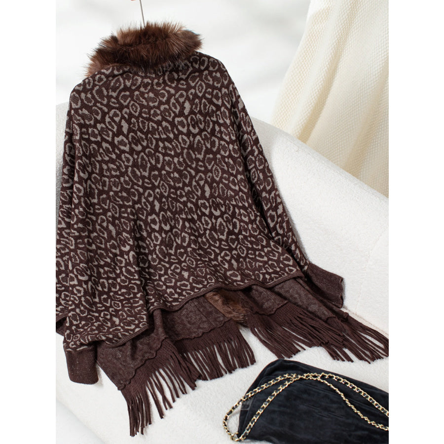 Fringe Leopard Open Front Long Sleeve Poncho Apparel and Accessories