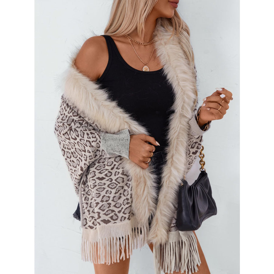 Fringe Leopard Open Front Long Sleeve Poncho Apparel and Accessories