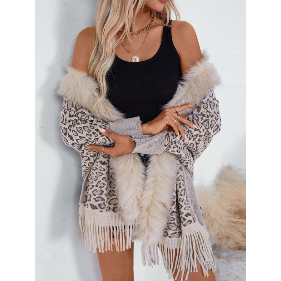 Fringe Leopard Open Front Long Sleeve Poncho Beige / One Size Apparel and Accessories
