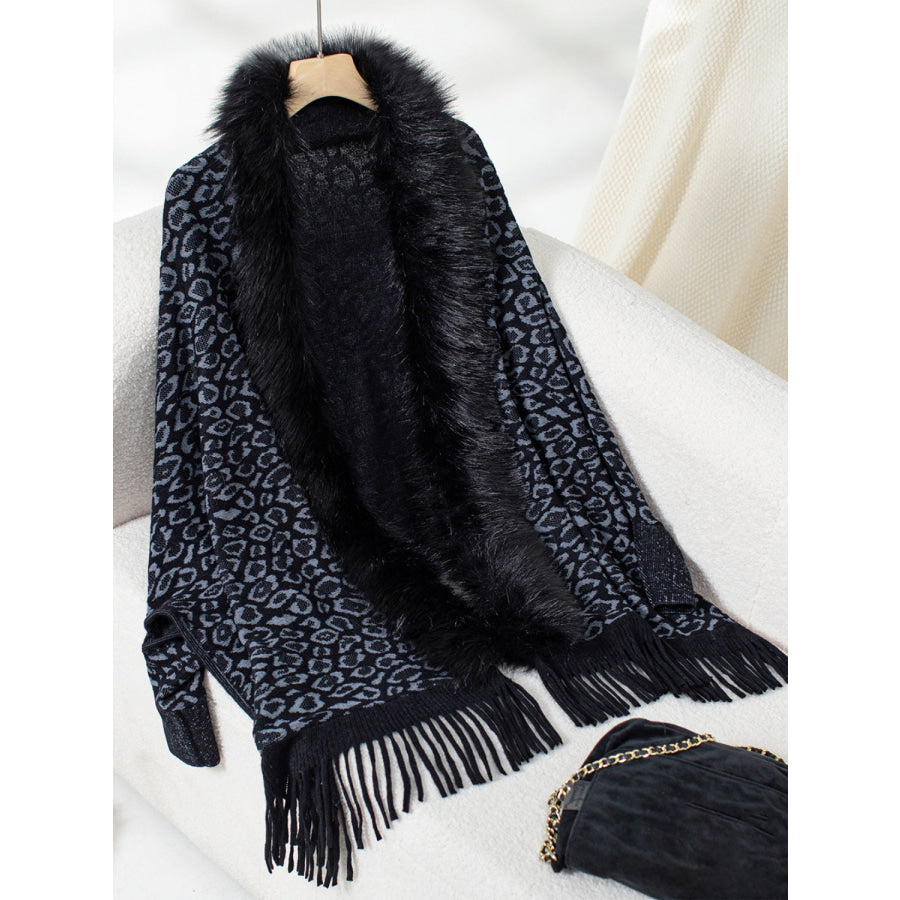 Fringe Leopard Open Front Long Sleeve Poncho Black / One Size Apparel and Accessories