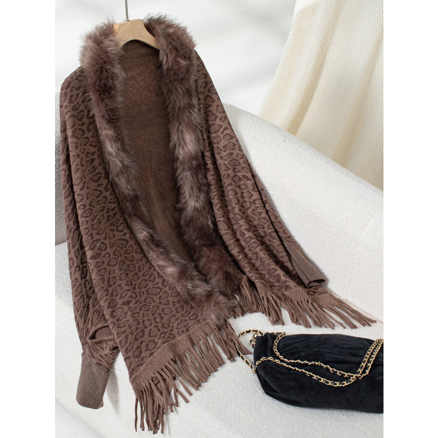 Fringe Leopard Open Front Long Sleeve Poncho Brown / One Size Apparel and Accessories