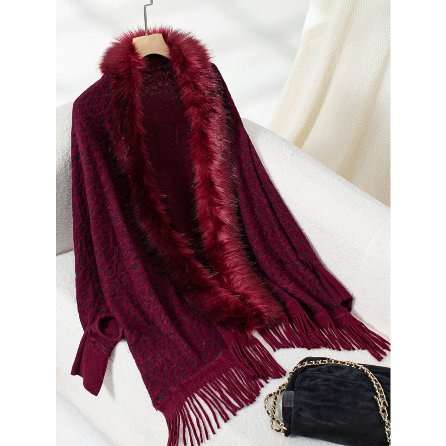 Fringe Leopard Open Front Long Sleeve Poncho Burgundy / One Size Apparel and Accessories