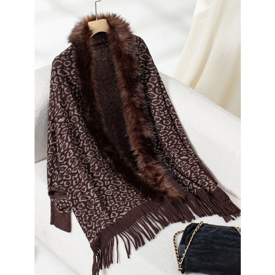 Fringe Leopard Open Front Long Sleeve Poncho Chocolate / One Size Apparel and Accessories