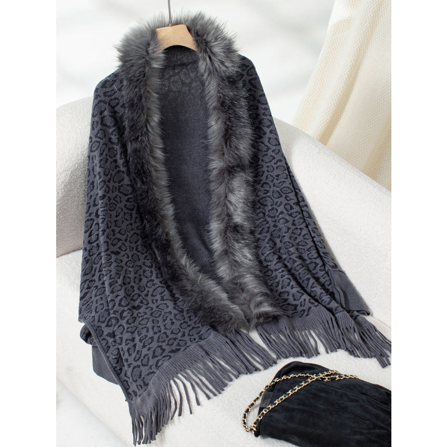 Fringe Leopard Open Front Long Sleeve Poncho Indigo / One Size Apparel and Accessories