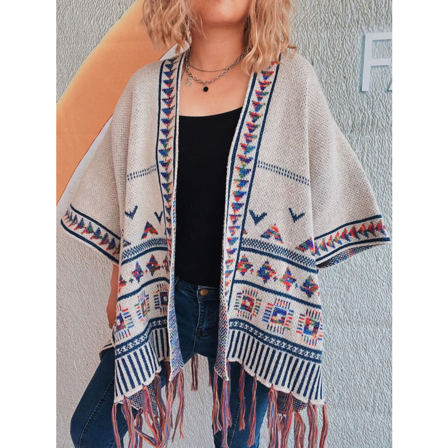 Fringe Open Front Cardigan Apricot / One Size Apparel and Accessories