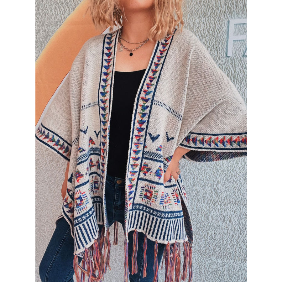 Fringe Open Front Cardigan Apricot / One Size Apparel and Accessories