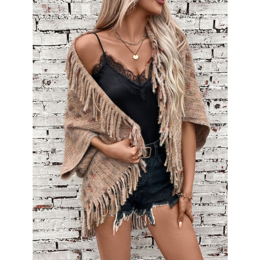 Fringe Open Front Half Sleeve Poncho Camel / One Size Apparel and Accessories