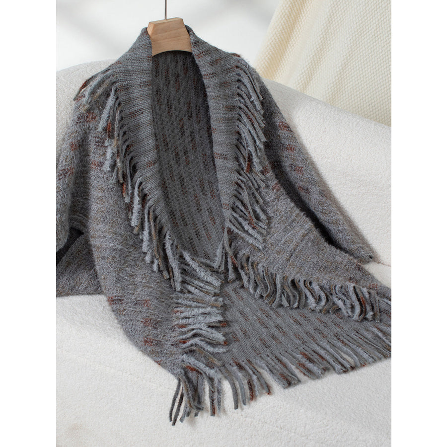 Fringe Open Front Half Sleeve Poncho Dark Gray / One Size Apparel and Accessories