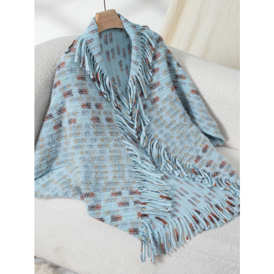 Fringe Open Front Half Sleeve Poncho Light Blue / One Size Apparel and Accessories