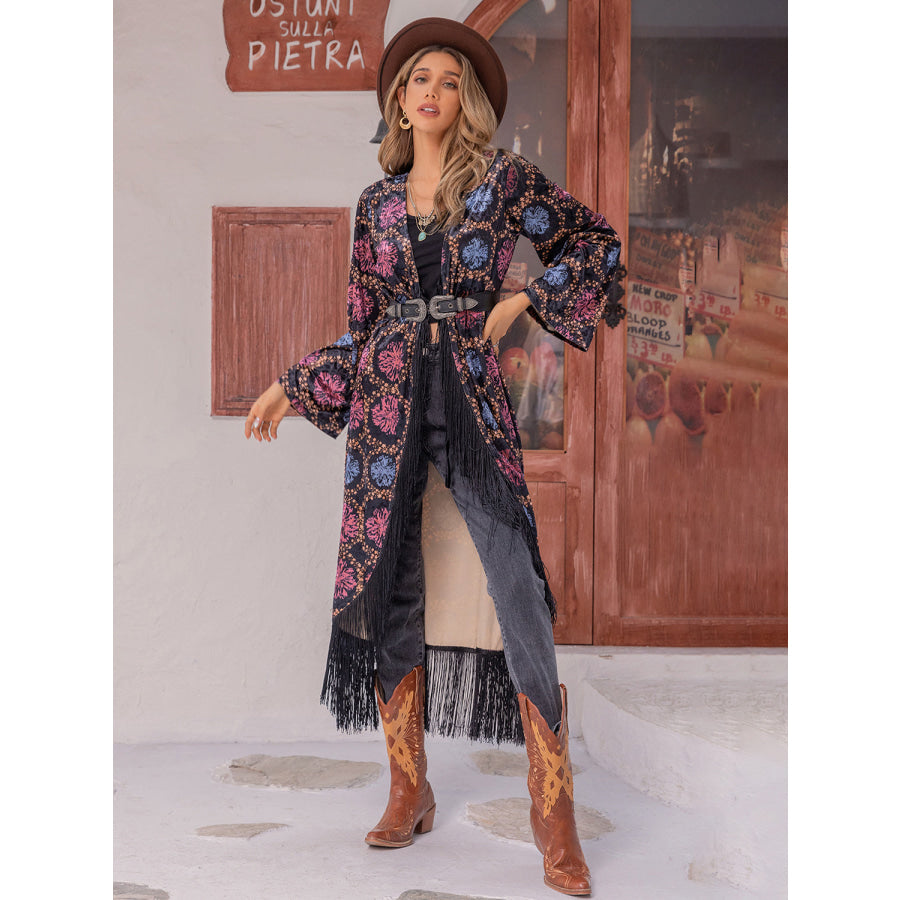 Fringe Open Front Long Sleeve Cardigan Apparel and Accessories