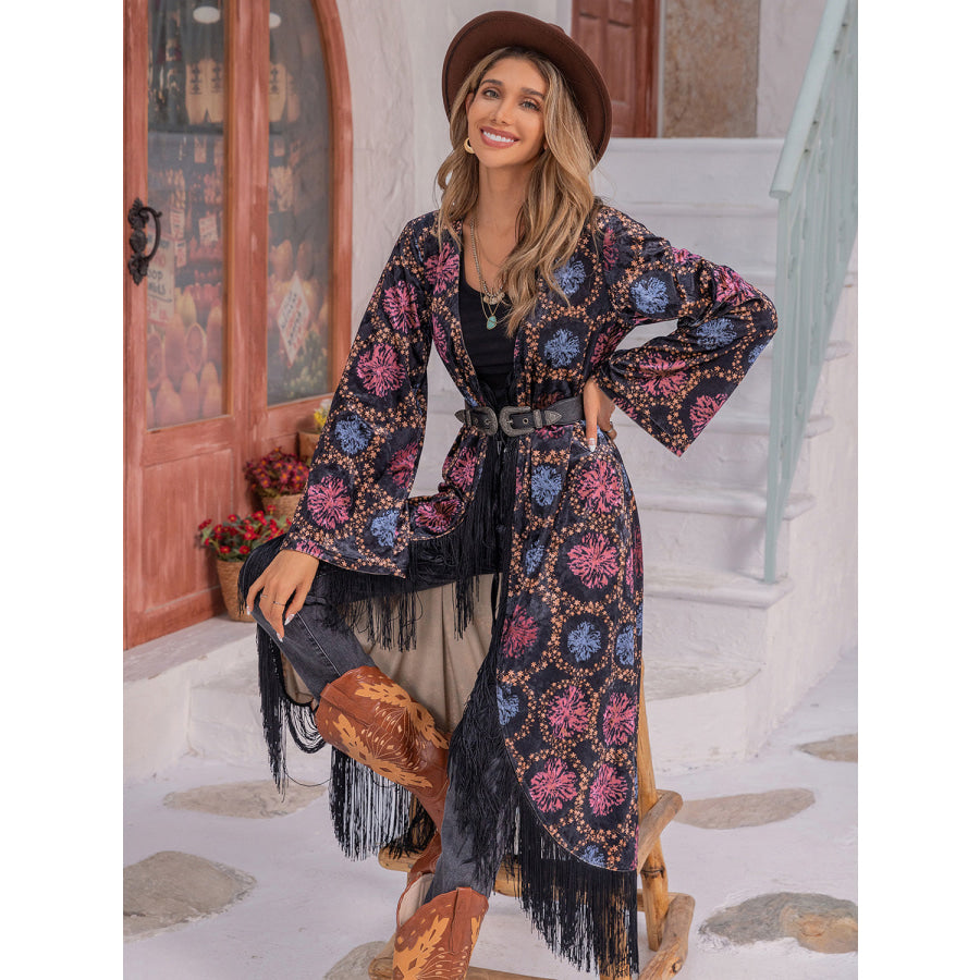 Fringe Open Front Long Sleeve Cardigan Apparel and Accessories