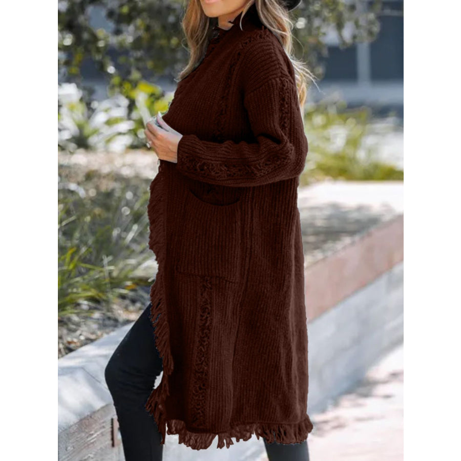 Fringe Open Front Long Sleeve Cardigan Apparel and Accessories