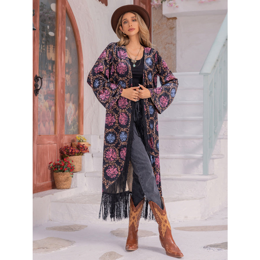 Fringe Open Front Long Sleeve Cardigan Apparel and Accessories