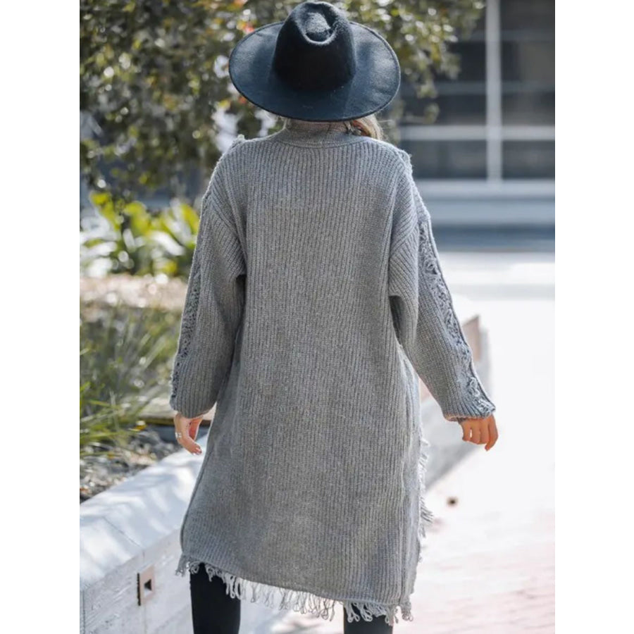 Fringe Open Front Long Sleeve Cardigan Gray / One Size Apparel and Accessories