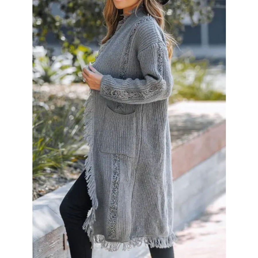 Fringe Open Front Long Sleeve Cardigan Apparel and Accessories