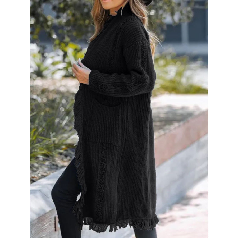 Fringe Open Front Long Sleeve Cardigan Apparel and Accessories