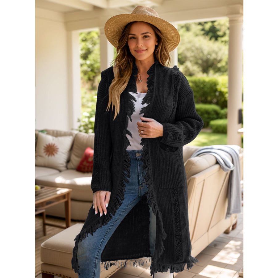 Fringe Open Front Long Sleeve Cardigan Black / One Size Apparel and Accessories