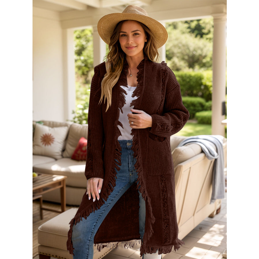 Fringe Open Front Long Sleeve Cardigan Dark Brown / One Size Apparel and Accessories