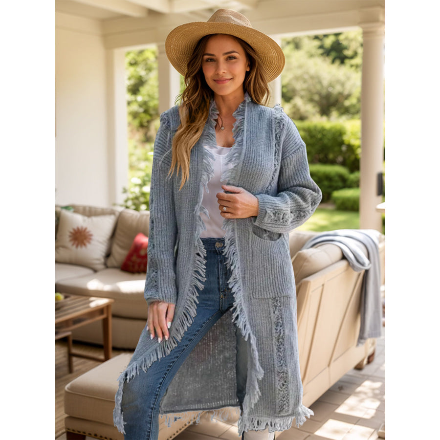 Fringe Open Front Long Sleeve Cardigan Gray / One Size Apparel and Accessories