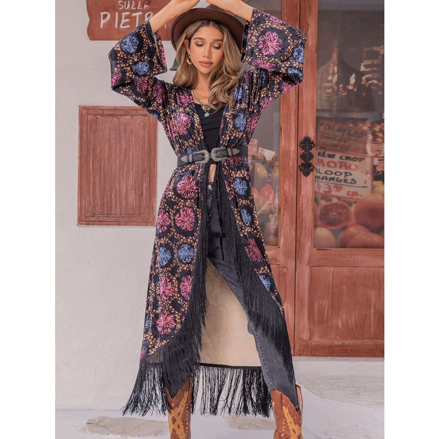 Fringe Open Front Long Sleeve Cardigan Multicolor / S Apparel and Accessories