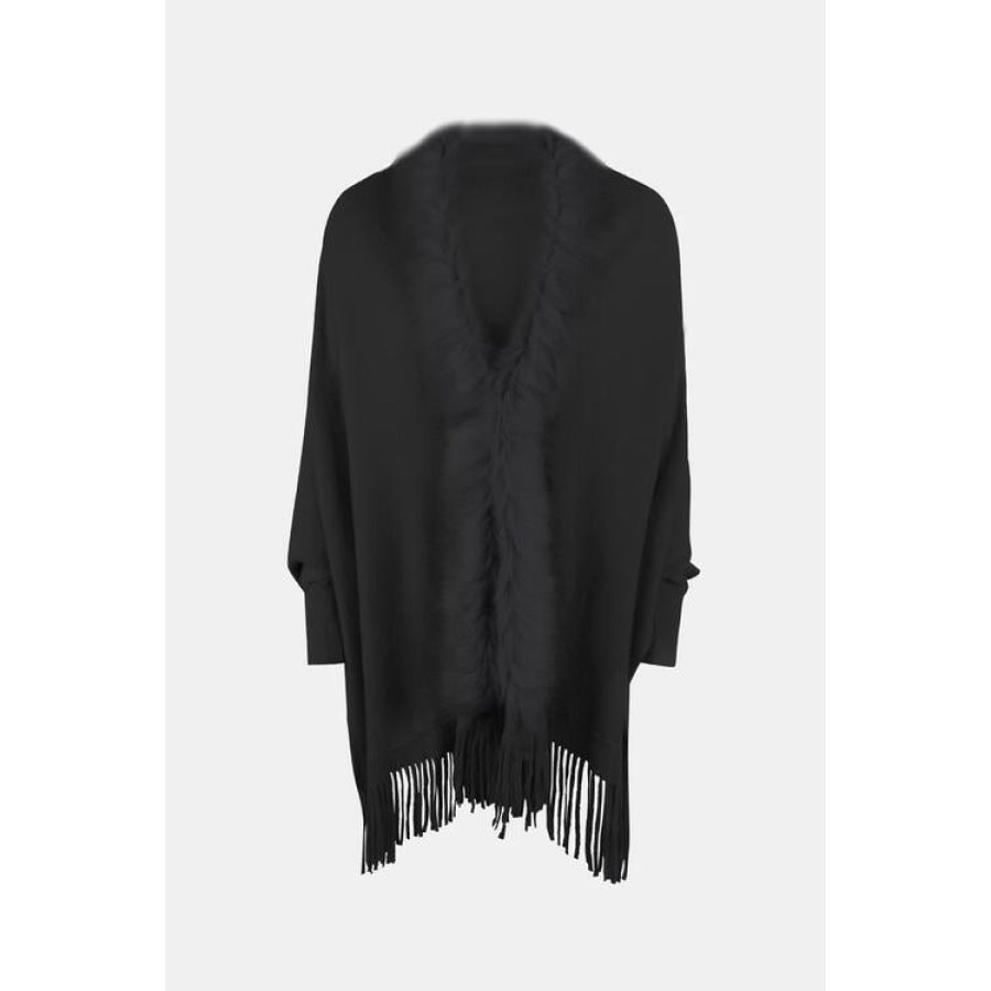 Fringe Open Front Long Sleeve Poncho Black / One Size Clothing