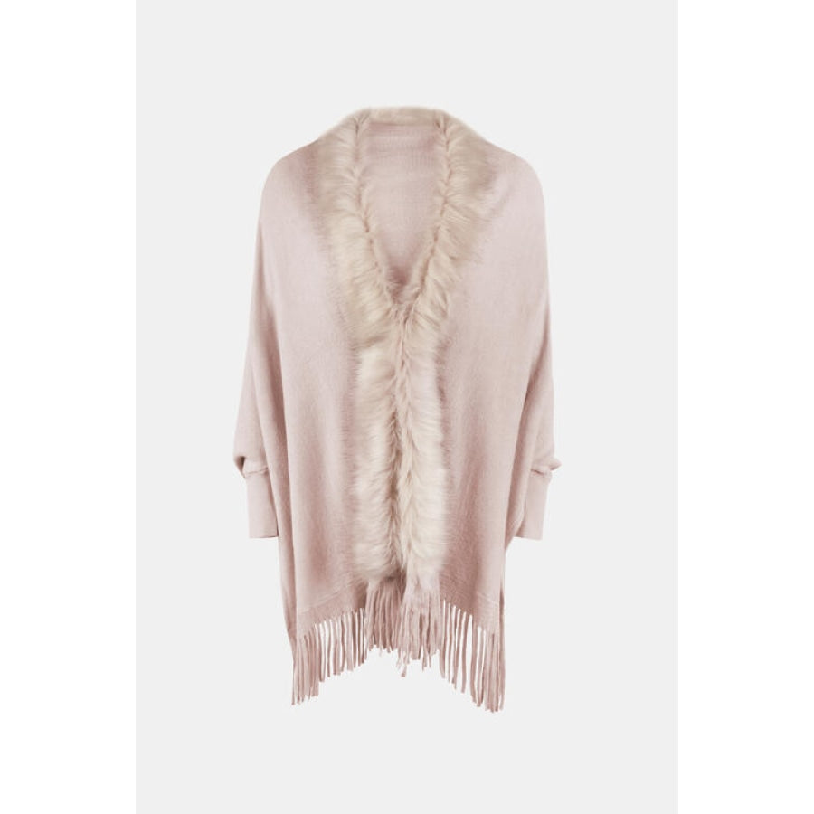 Fringe Open Front Long Sleeve Poncho Blush Pink / One Size Clothing