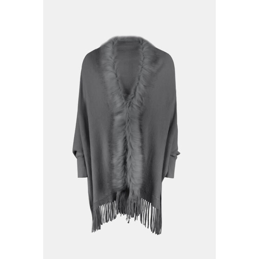 Fringe Open Front Long Sleeve Poncho Charcoal / One Size Clothing