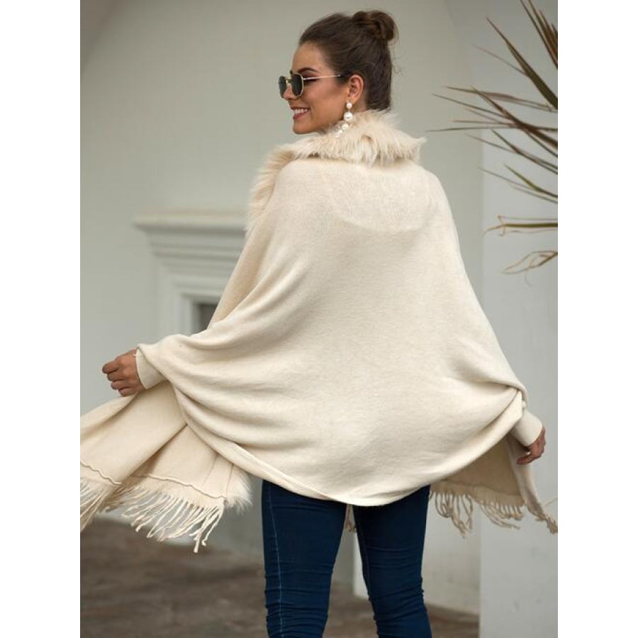 Fringe Open Front Long Sleeve Poncho Ivory / One Size Clothing