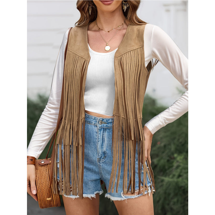 Fringe Open Front Vest Coat Camel / S Apparel and Accessories