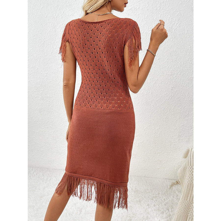 Fringe Openwork Boat Neck Knit Dress Apparel and Accessories