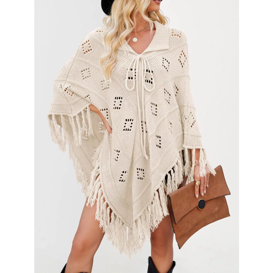Fringe Openwork Knit Cover Up Apricot / S Apparel and Accessories