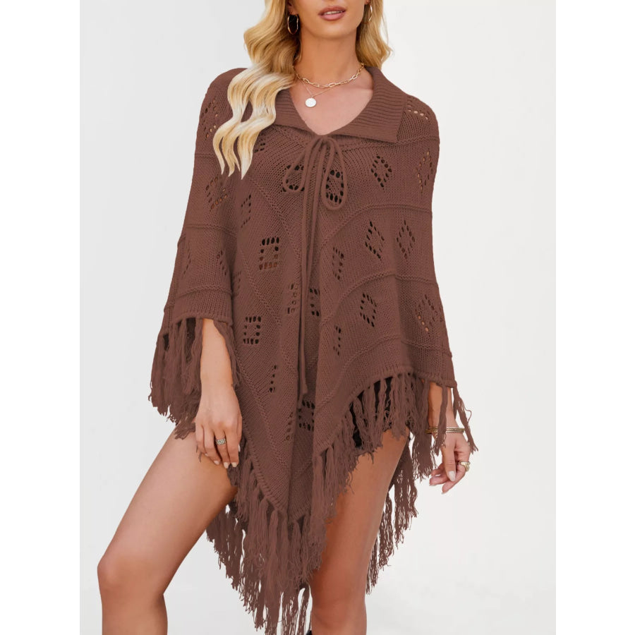 Fringe Openwork Knit Cover Up Brown / S Apparel and Accessories