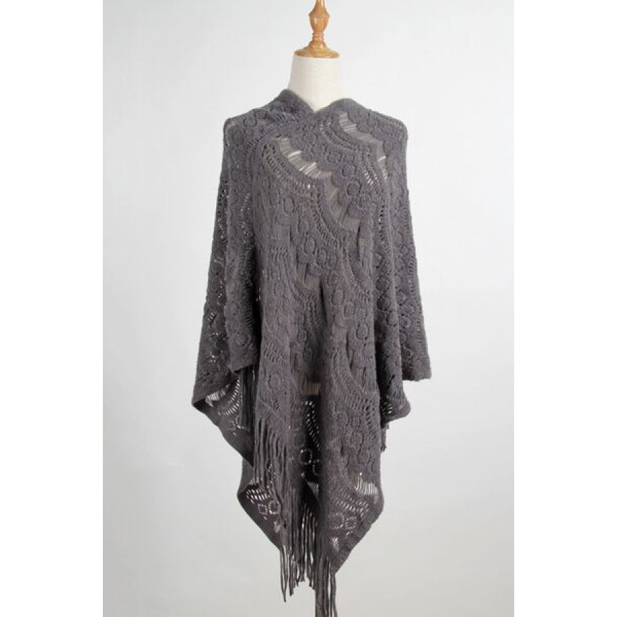 Fringe Openwork Surplice Cape Sleeve Poncho Charcoal / One Size Clothing