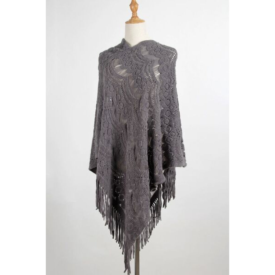 Fringe Openwork Surplice Cape Sleeve Poncho Charcoal / One Size Clothing