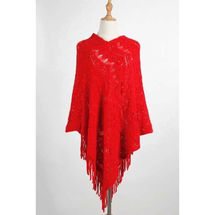 Fringe Openwork Surplice Cape Sleeve Poncho Scarlet / One Size Clothing