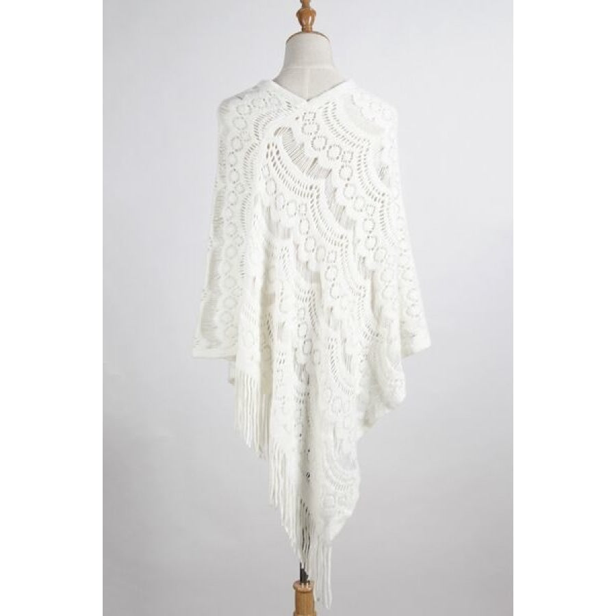 Fringe Openwork Surplice Cape Sleeve Poncho White / One Size Clothing