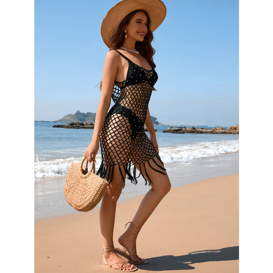 Fringe Openwork Wide Strap Cover Up Apparel and Accessories